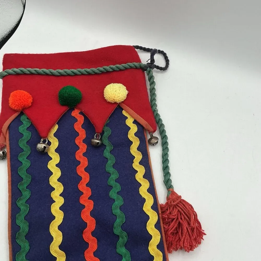 Crate & Barrel Ric Rac Christmas Stocking Wool Pom Poms Bells 18” Retired